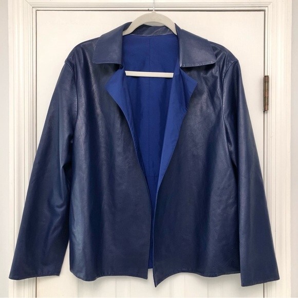Lafayette 148 New York Blue Leather Jacket Open Front 2 - Picture 1 of 6